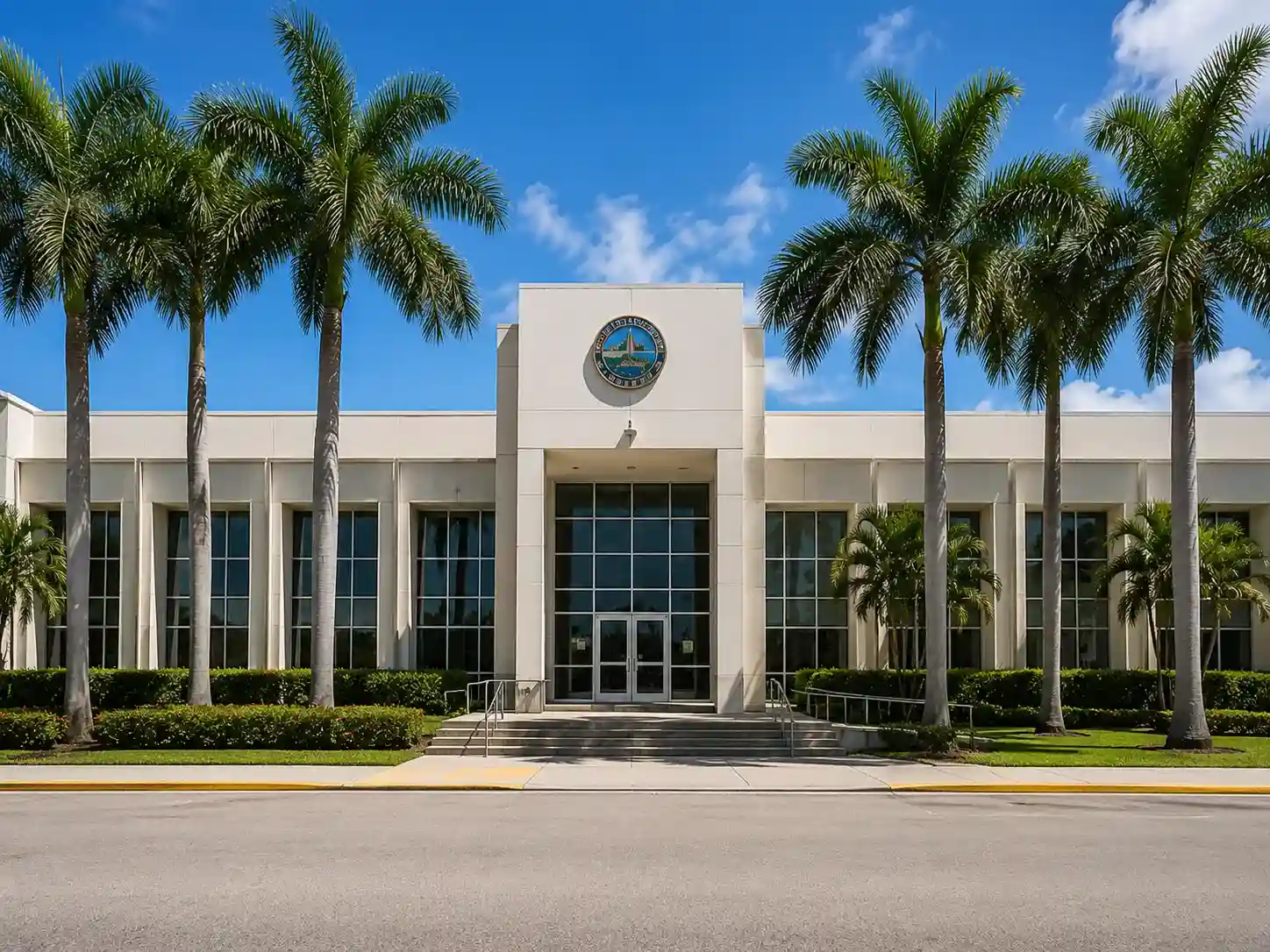 Municipal city hall building framed by palm trees