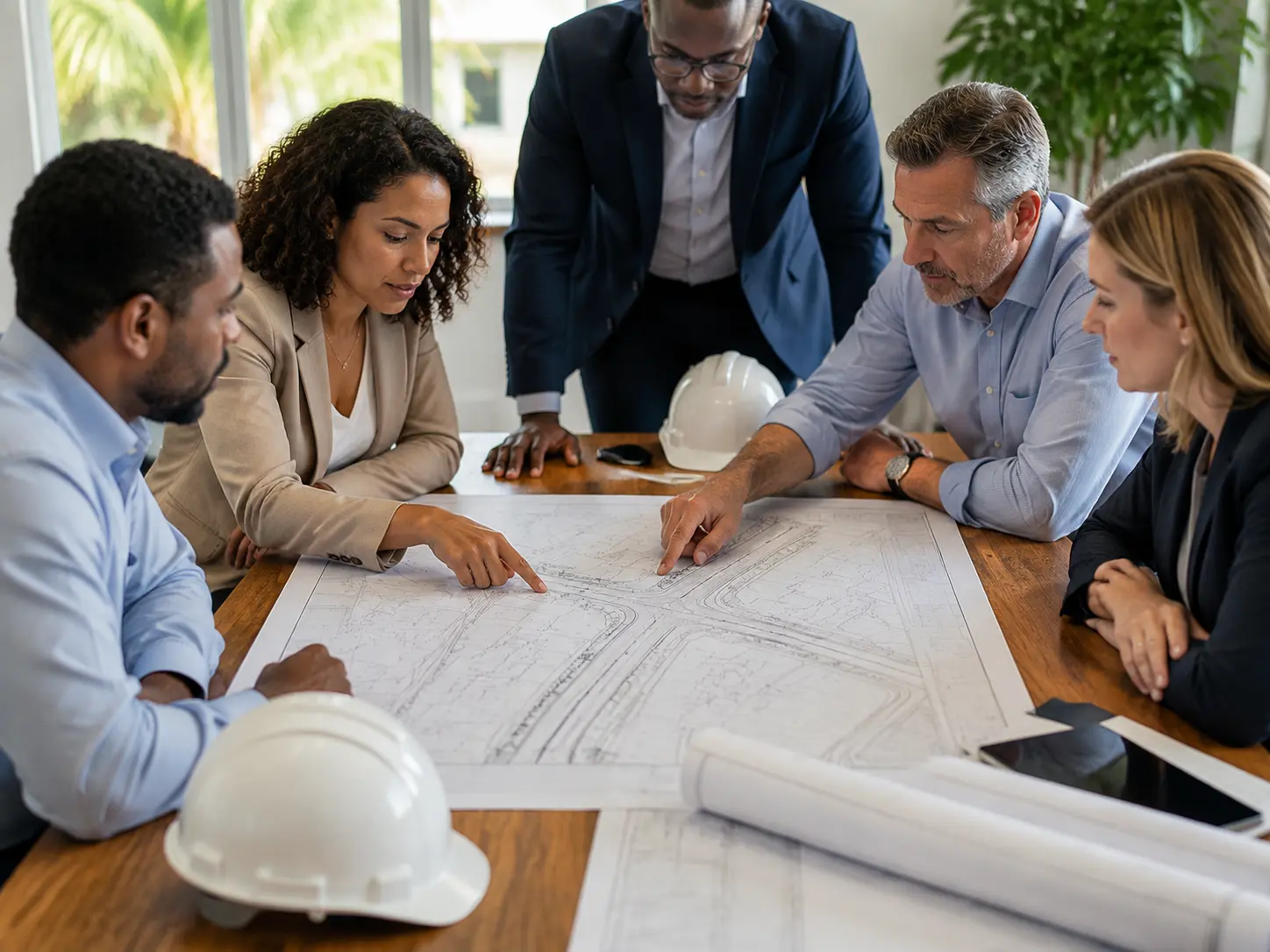 Diverse professionals reviewing plans for a public construction project
